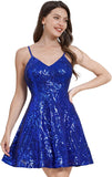 Women's Spaghetti Straps Sparkly Sequins A Line Swing Party Nightclub Dance Mini Cocktail Dress Above Knee Length Homecoming Gowns