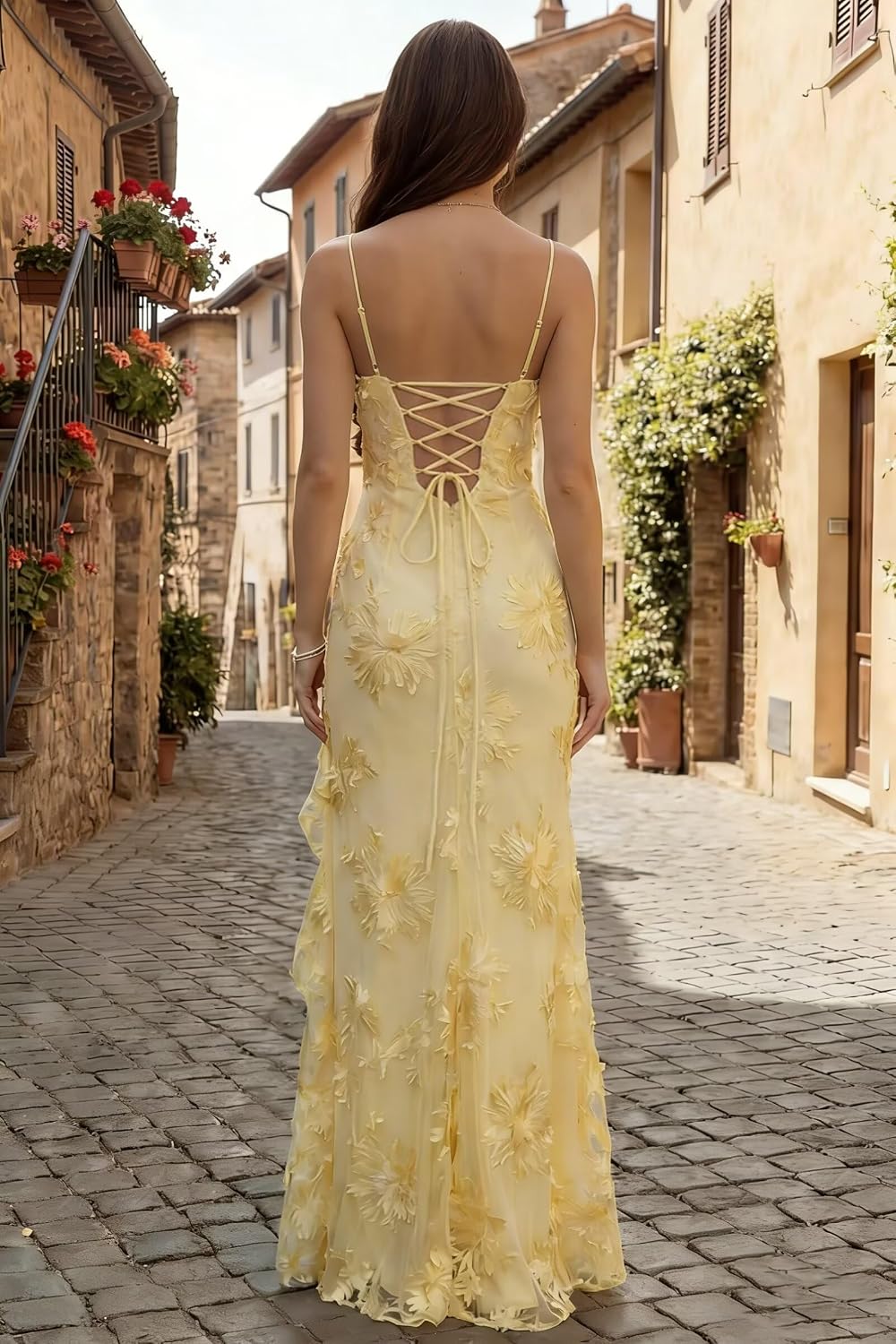 Spaghetti Straps Floral Embroidery Mermaid Prom Dress 2026 Long Corset Formal Evening Gowns with Ruffle Slit