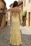 Spaghetti Straps Floral Embroidery Mermaid Prom Dress 2026 Long Corset Formal Evening Gowns with Ruffle Slit