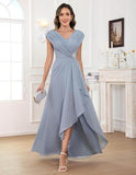 Cap Sleeve Mother of The Bride Dresses Chiffon V Neck Beaded Ruffles A Line Long Formal Evening Dress