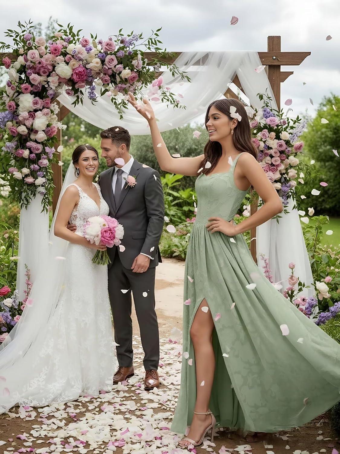Jacquard Floral Lace Wedding Guest Dress Long Slit A Line Bridesmaid Dresses with Pockets Formal Gown
