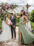 Jacquard Floral Lace Wedding Guest Dress Long Slit A Line Bridesmaid Dresses with Pockets Formal Gown