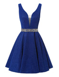 Satin Glitter Homecoming Dresses for Teens Short Prom Dress V-Neck Beaded Evening Formal Cocktail Party Gowns