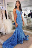 Sparkly Mermaid Sequin Prom Dresses for Women Long Spaghetti Straps V-Neck Formal Evening Party Gowns with Slit