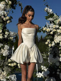 Satin Flower Bud Homecoming Dress Short Prom Dress Cowl Neck Pleated A Line Mini Cocktail Party Gown