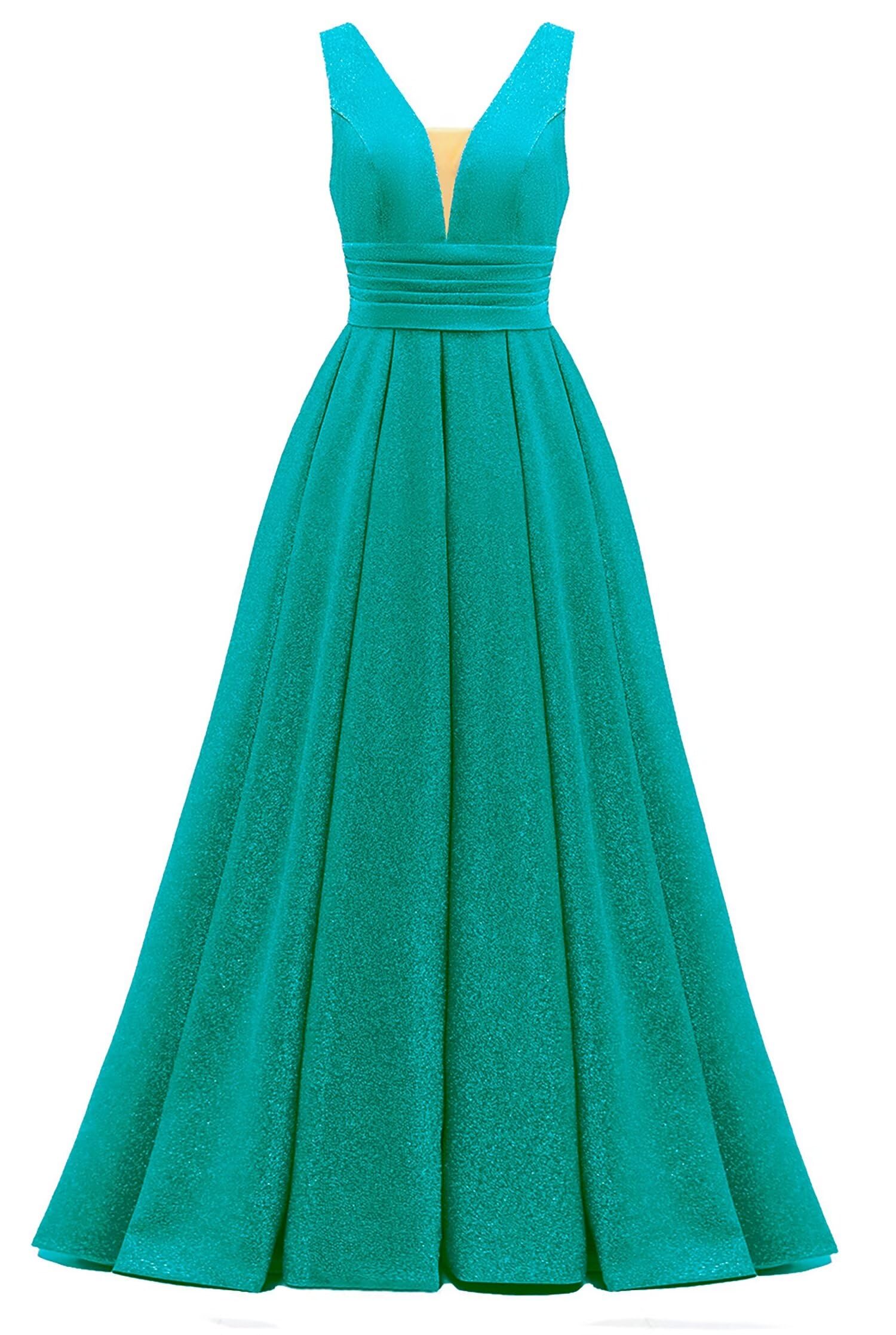 Glitter Satin Prom Dresses for Women Long V Neck A-Line Pleated Formal Evening Party Gowns with Pockets