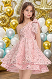 Sequins Flower Girl Dresses Short - One Shoulder Princess Pageant Dress Kids A Line Communion Formal Party Gown
