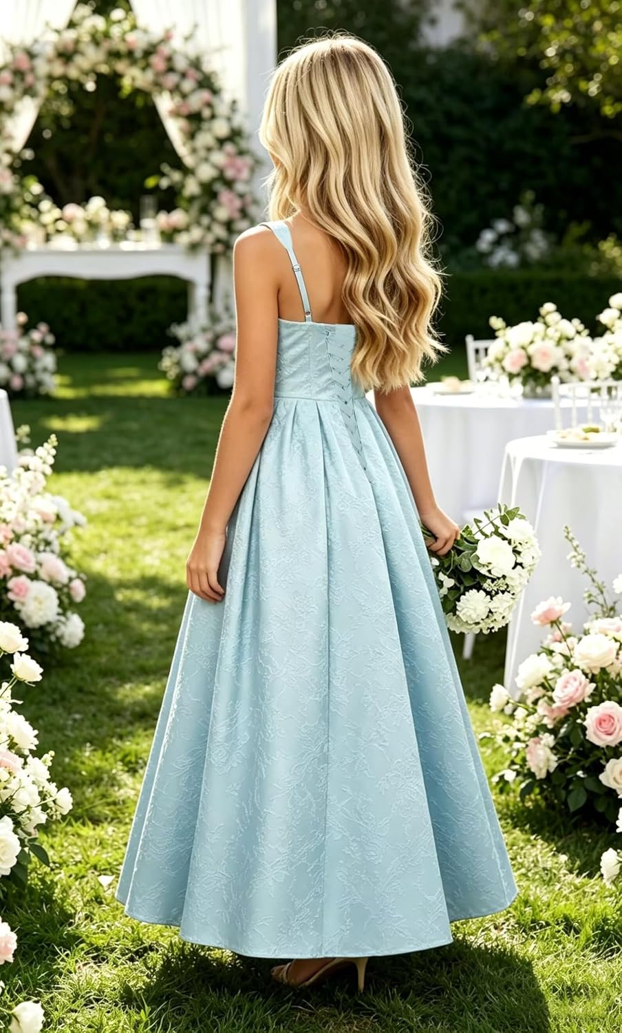 Girls Floral Satin Jacquard Junior Bridesmaid Dresses Long Ruched Flower Girl Dress for Wedding