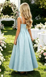 Floral Satin Jacquard Junior Bridesmaid Dresses Long Ruched Flower Girl Dress for Wedding