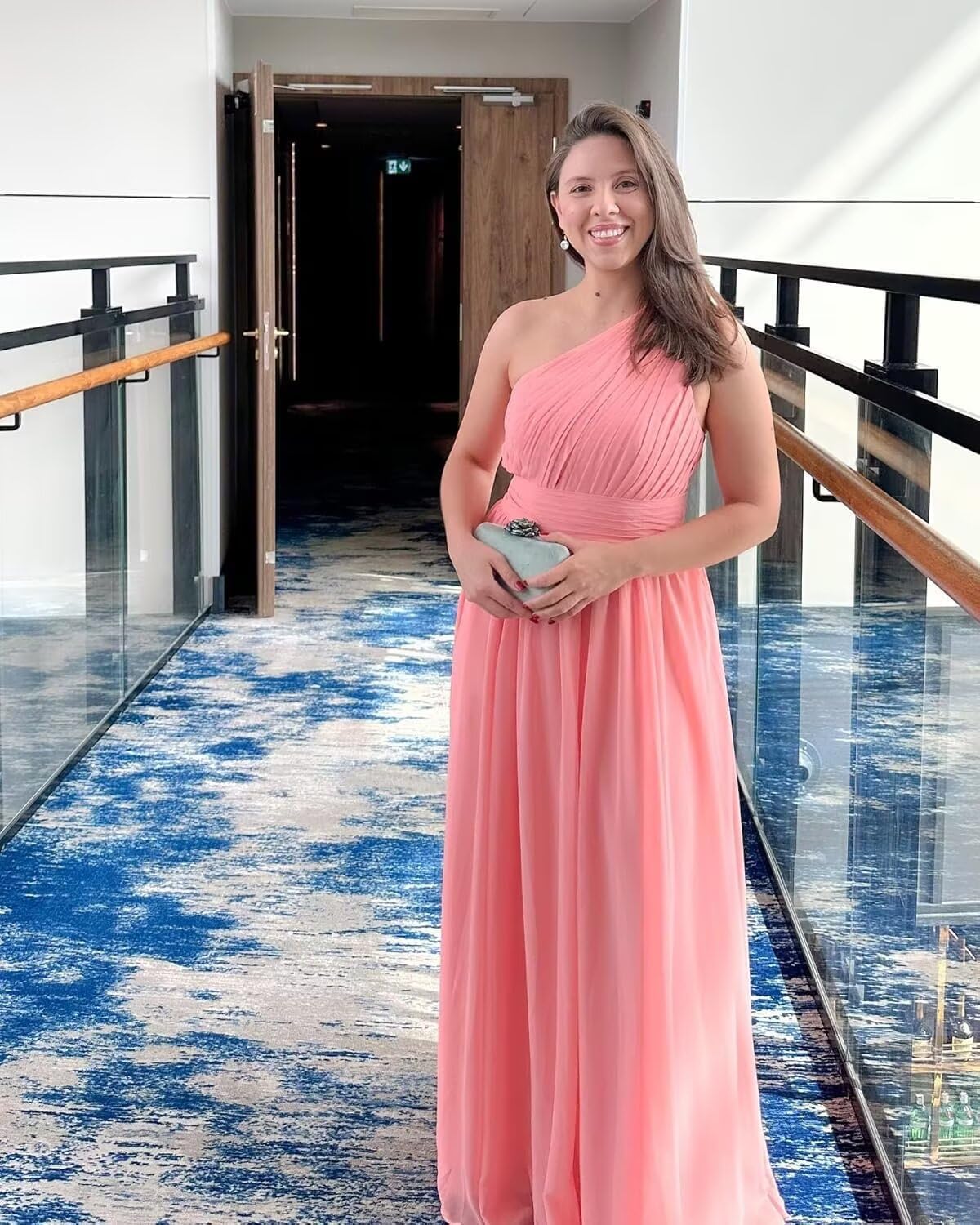 One Shoulder Bridesmaid Dresses for Women Chiffon A Line Pleated Long Formal Gowns with Pockets