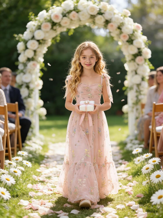 Floral Embroidered Tulle Flower Girl Dress Sweetheart Junior Bridesmaid Dresses Tiered Ruffled Formal Party Prom Gown