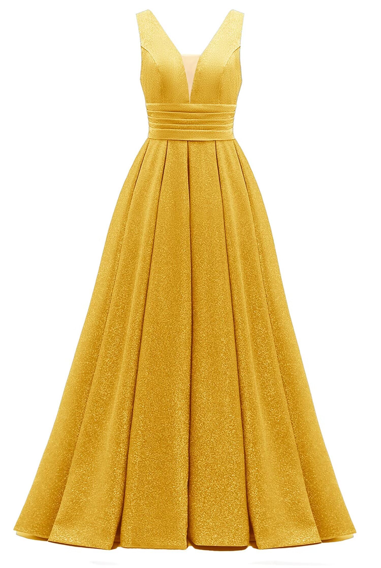 Glitter Satin Prom Dresses for Women Long V Neck A-Line Pleated Formal Evening Party Gowns with Pockets