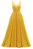 Glitter Satin Prom Dresses for Women Long V Neck A-Line Pleated Formal Evening Party Gowns with Pockets