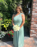 One Shoulder Bridesmaid Dresses for Women Chiffon A Line Pleated Long Formal Gowns with Pockets