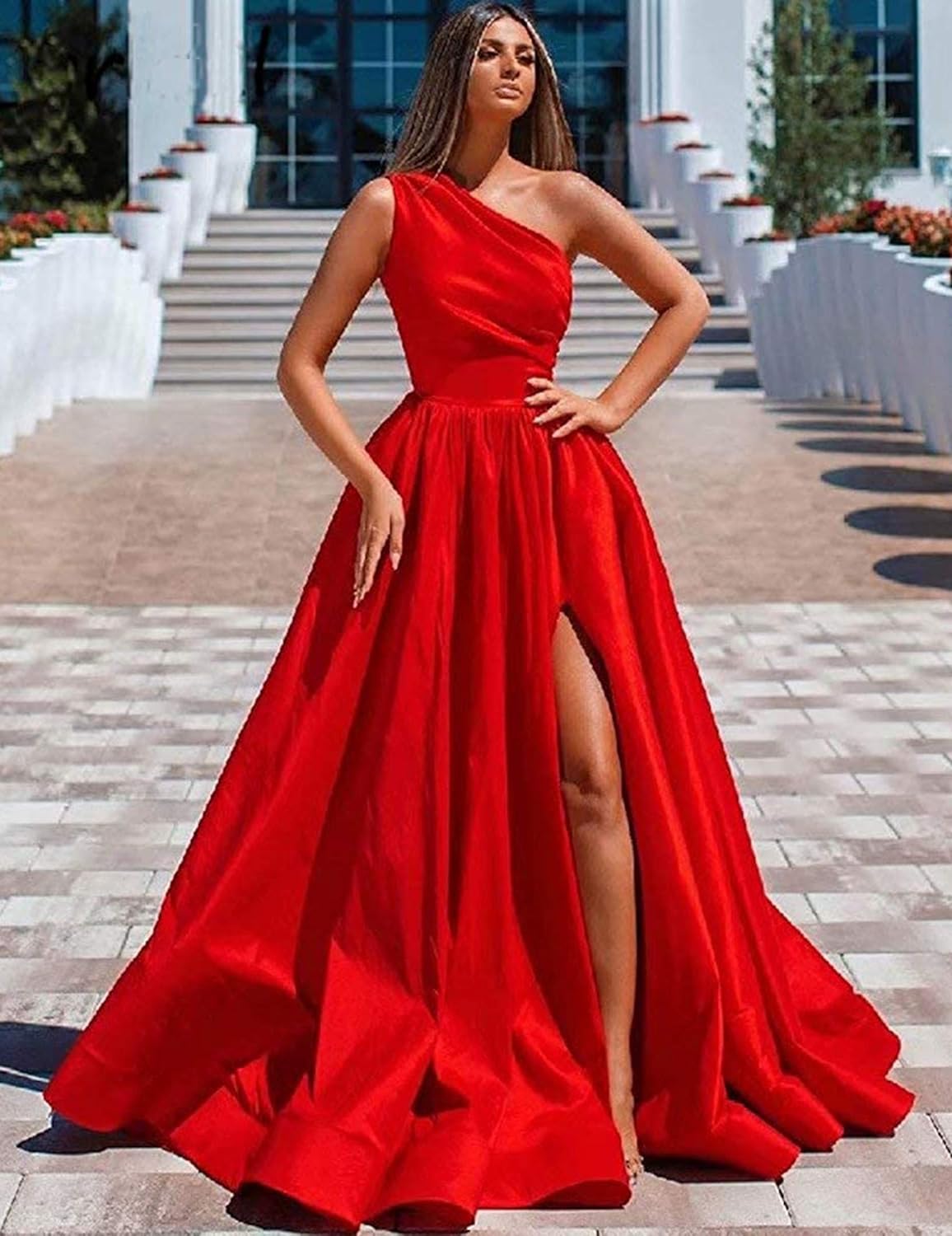 Women's One Shoulder Prom Dresses 2026 Long Slit Satin Formal Evening Gowns with Pockets