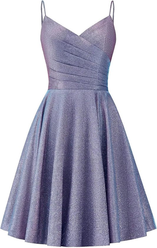 V Neck Homecoming Dresses for Teens Short Glitter Spaghetti Straps Prom Dress Formal Evening Party Gown with Pockets
