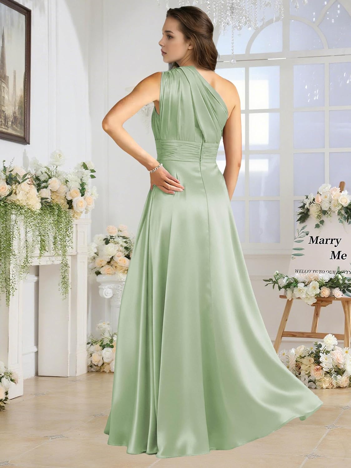 One Shoulder Bridesmaid Dresses for Women Satin Pleated A Line Long Formal Prom Dress with Pockets