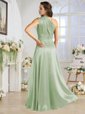 One Shoulder Bridesmaid Dresses for Women Satin Pleated A Line Long Formal Prom Dress with Pockets