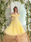 Dotted Tulle Off Shoulder Prom Dress for Women Sweetheart Midi Puffy Formal Party Gowns