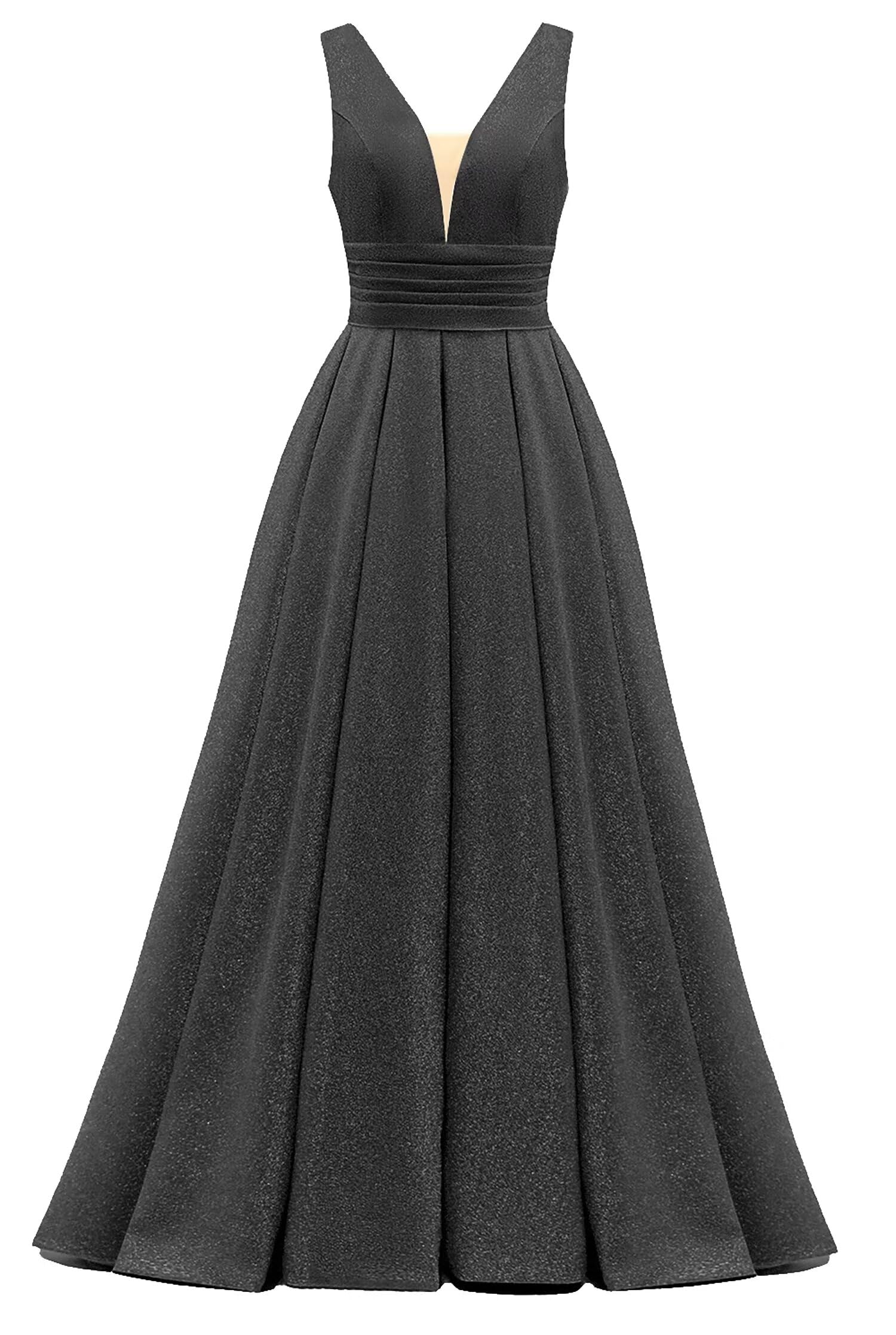 Glitter Satin Prom Dresses for Women Long V Neck A-Line Pleated Formal Evening Party Gowns with Pockets