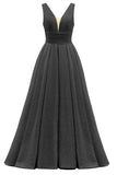 Glitter Satin Prom Dresses for Women Long V Neck A-Line Pleated Formal Evening Party Gowns with Pockets