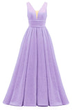 Glitter Satin Prom Dresses for Women Long V Neck A-Line Pleated Formal Evening Party Gowns with Pockets
