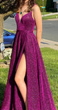 Women's Glittery Spaghetti V-Neck Prom Dresses Long Side Split Formal Evening Gowns