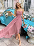 Spaghetti Strap Chiffon Bridesmaid Dresses for Women Long Ruched A-Line Cowl Neck Formal Evening Gowns with Slit