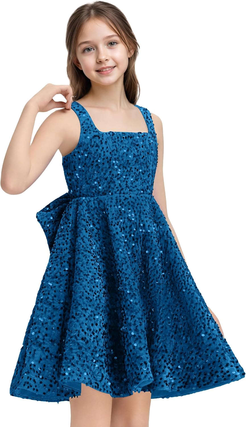 Sequins Flower Girl Dresses Short - Square Neck Princess Pageant Dress Kids A Line Communion Formal Party Gown