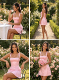 Short Satin Homecoming Dress Square Neck Floral Jacquard Corset Mini Formal Evening Cocktail Gown for Teens