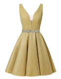 Satin Glitter Homecoming Dresses for Teens Short Prom Dress V-Neck Beaded Evening Formal Cocktail Party Gowns