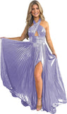 Vestido de fiesta de satén metálico brillante con abertura para mujer, vestido formal de noche plisado con cuello halter 