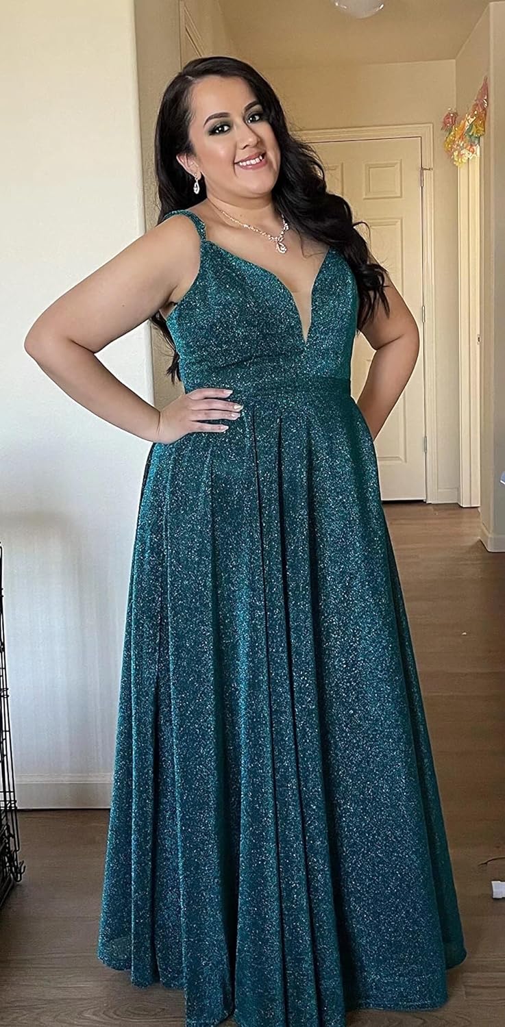Women's Glittery Spaghetti V-Neck Prom Dresses Long Side Split Formal Evening Gowns
