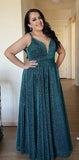 Women's Glittery Spaghetti V-Neck Prom Dresses Long Side Split Formal Evening Gowns