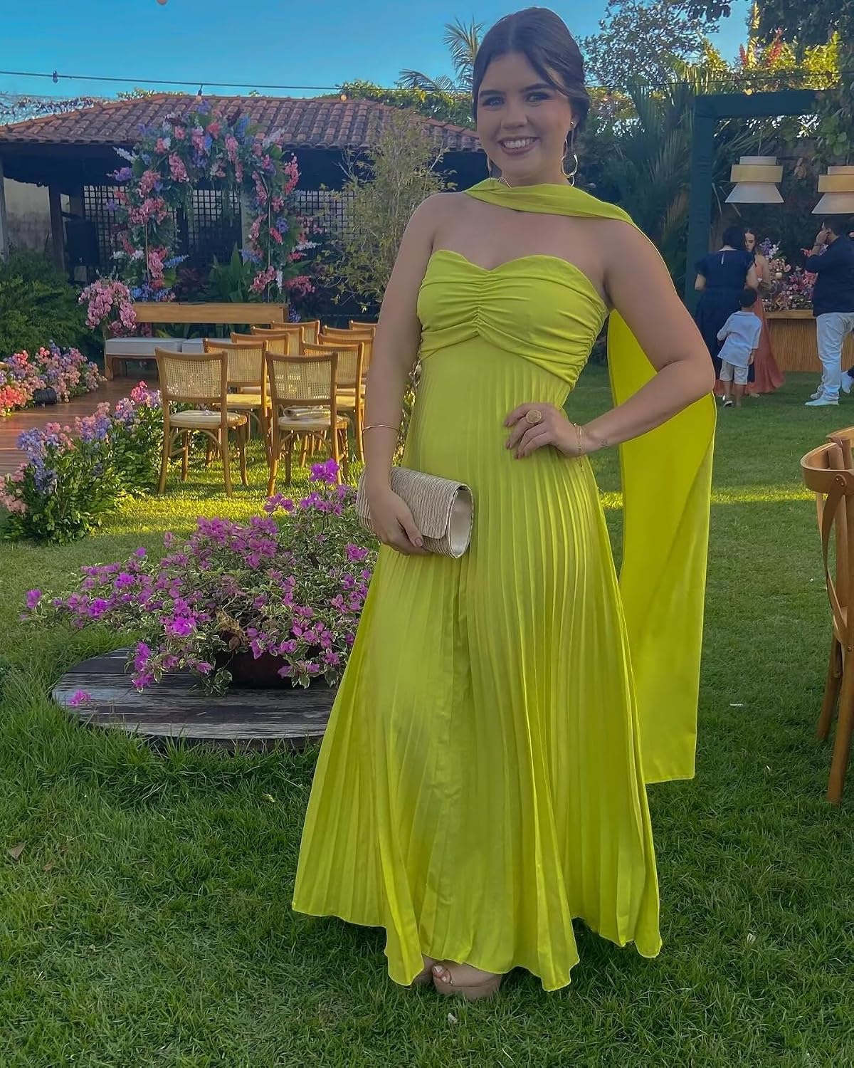 Flowy Chiffon Bridesmaid Prom Dress with Scarf Strapless Pleated Formal Evening Dresses