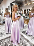 Satin Bridesmaid Dresses for Women Spaghetti Straps Wedding Guest Dress Long V Neck Formal Gown with Slit