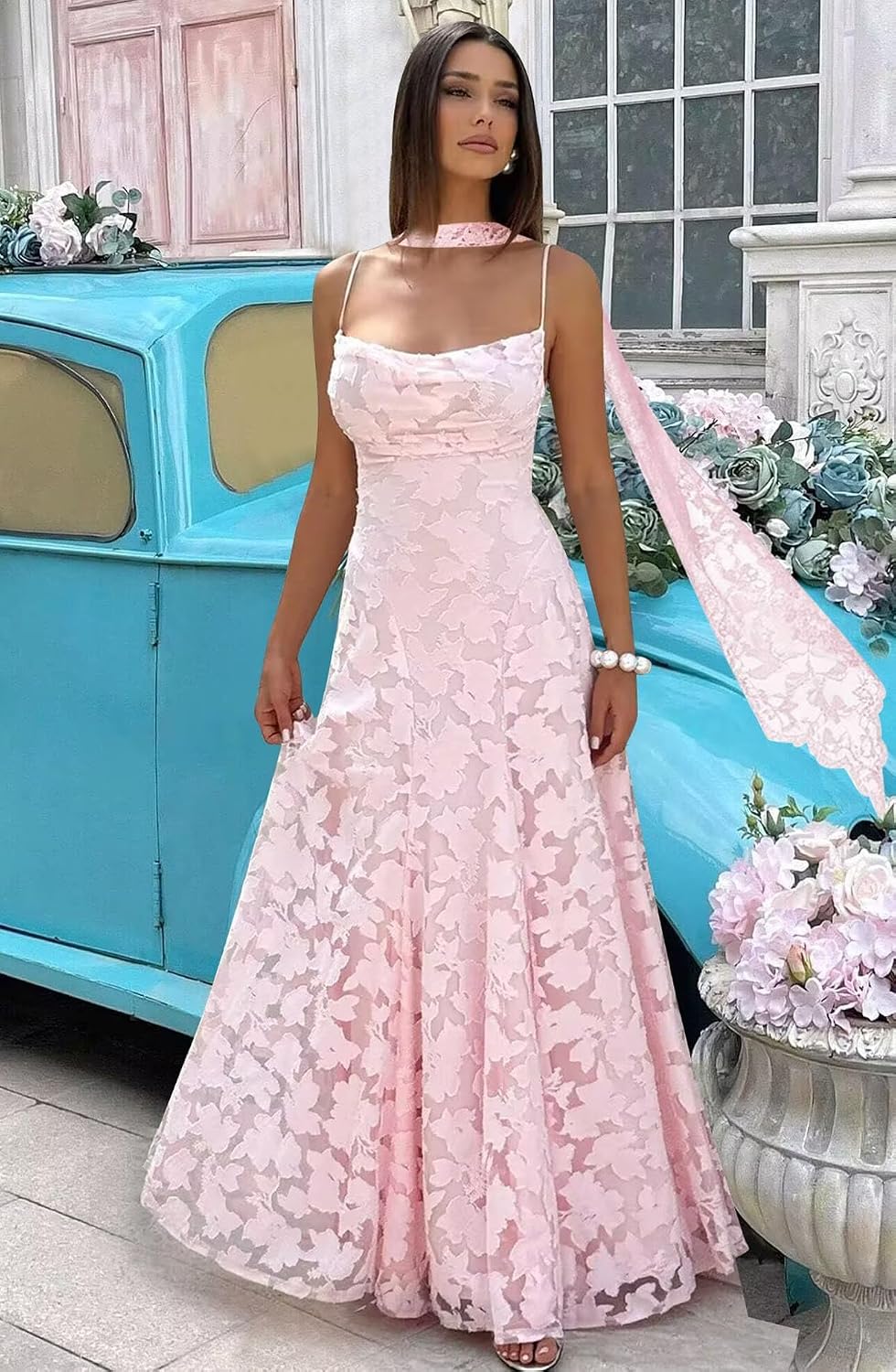 Floral Lace Bridesmaid Dresses for Women Long Spaghetti Straps Formal Evening Gowns with Scarf