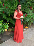 Women's V Neck Ruffle Chiffon Bridesmaid Dresses Long with Pockets Ruched Formal Dresses
