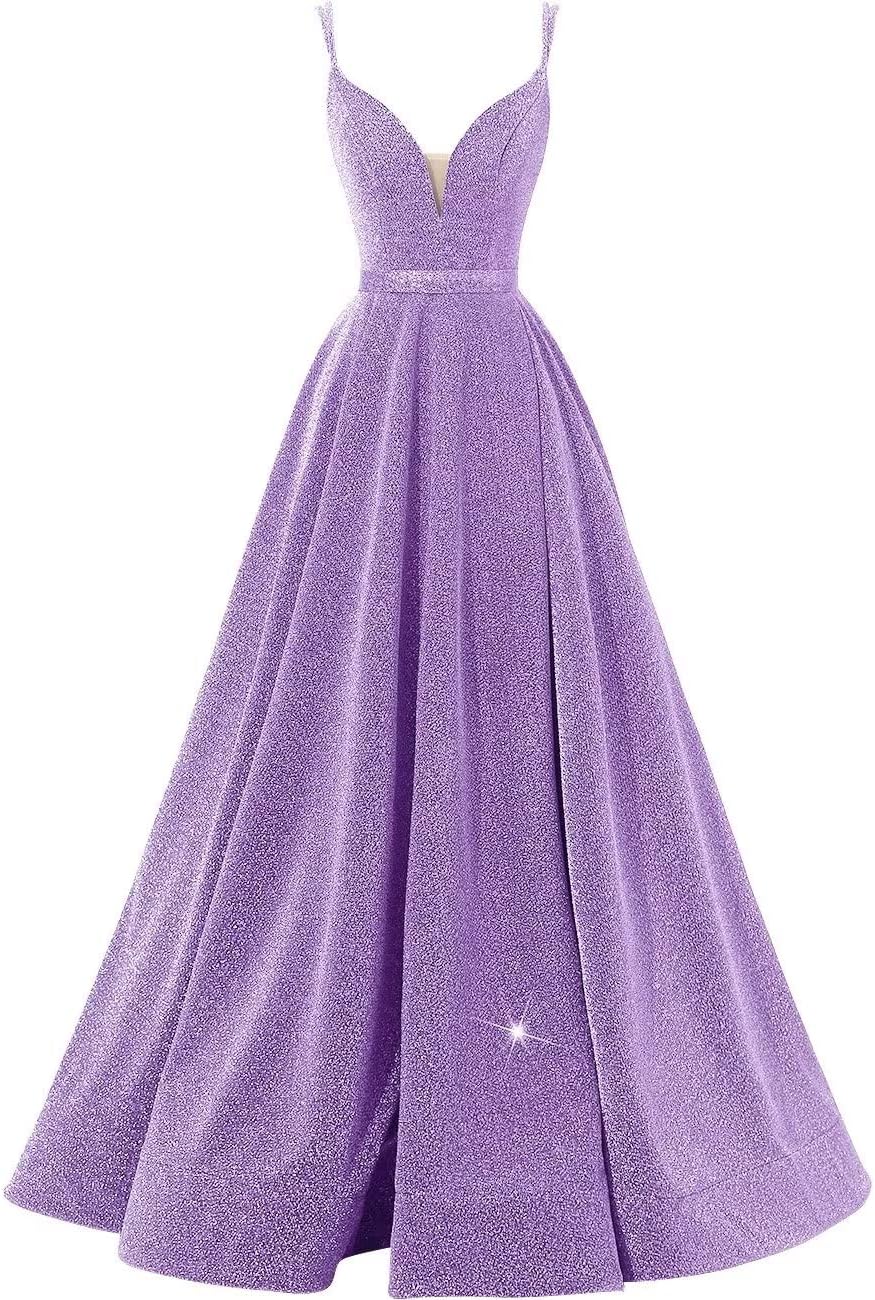Women's Glittery Spaghetti V-Neck Prom Dresses Long Side Split Formal Evening Gowns
