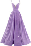 Women's Glittery Spaghetti V-Neck Prom Dresses Long Side Split Formal Evening Gowns