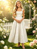 Girls Floral Satin Jacquard Junior Bridesmaid Dresses Long Ruched Flower Girl Dress for Wedding