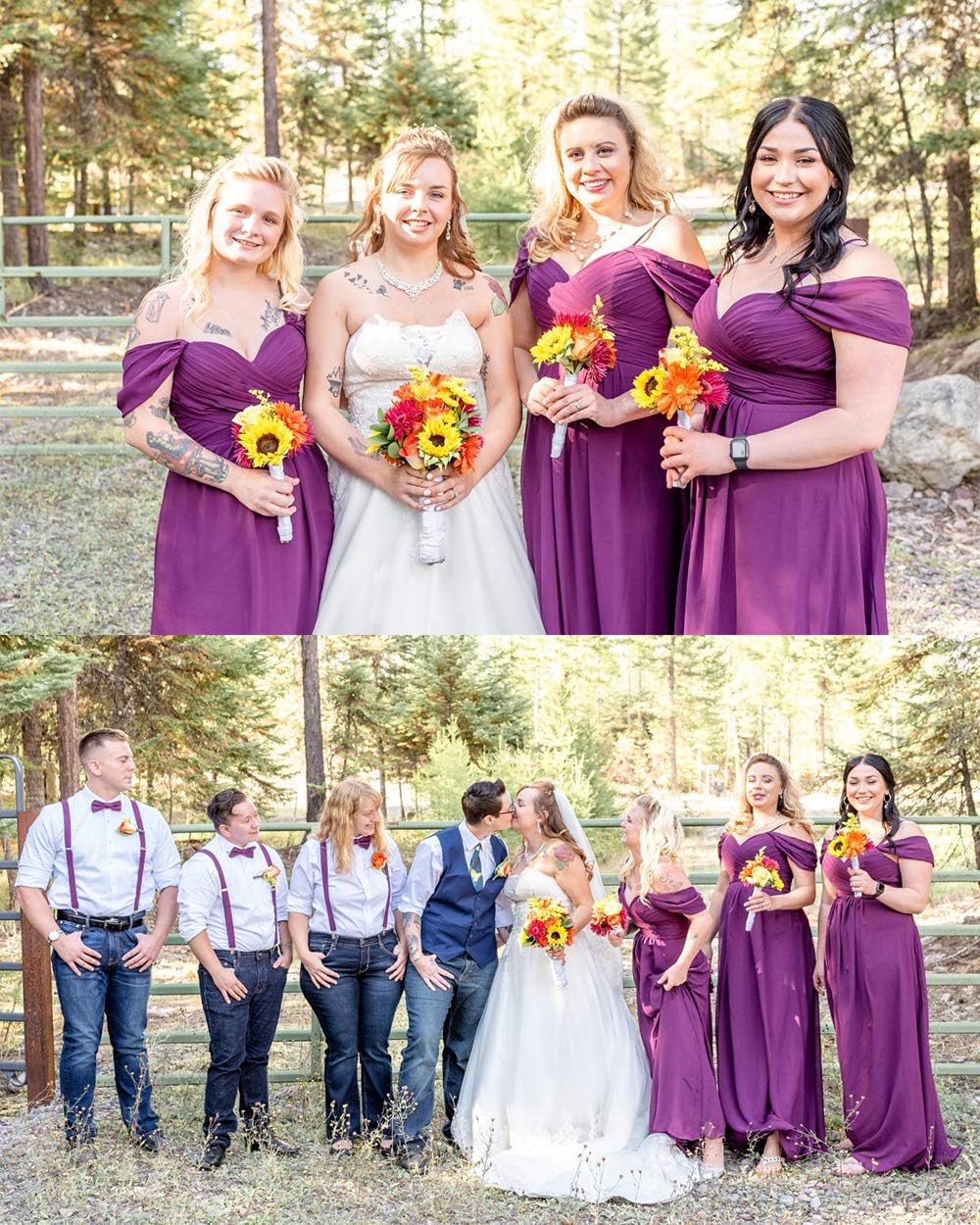 Schulterfreies Chiffon-Brautjungfernkleid mit Taschen für die Hochzeit 