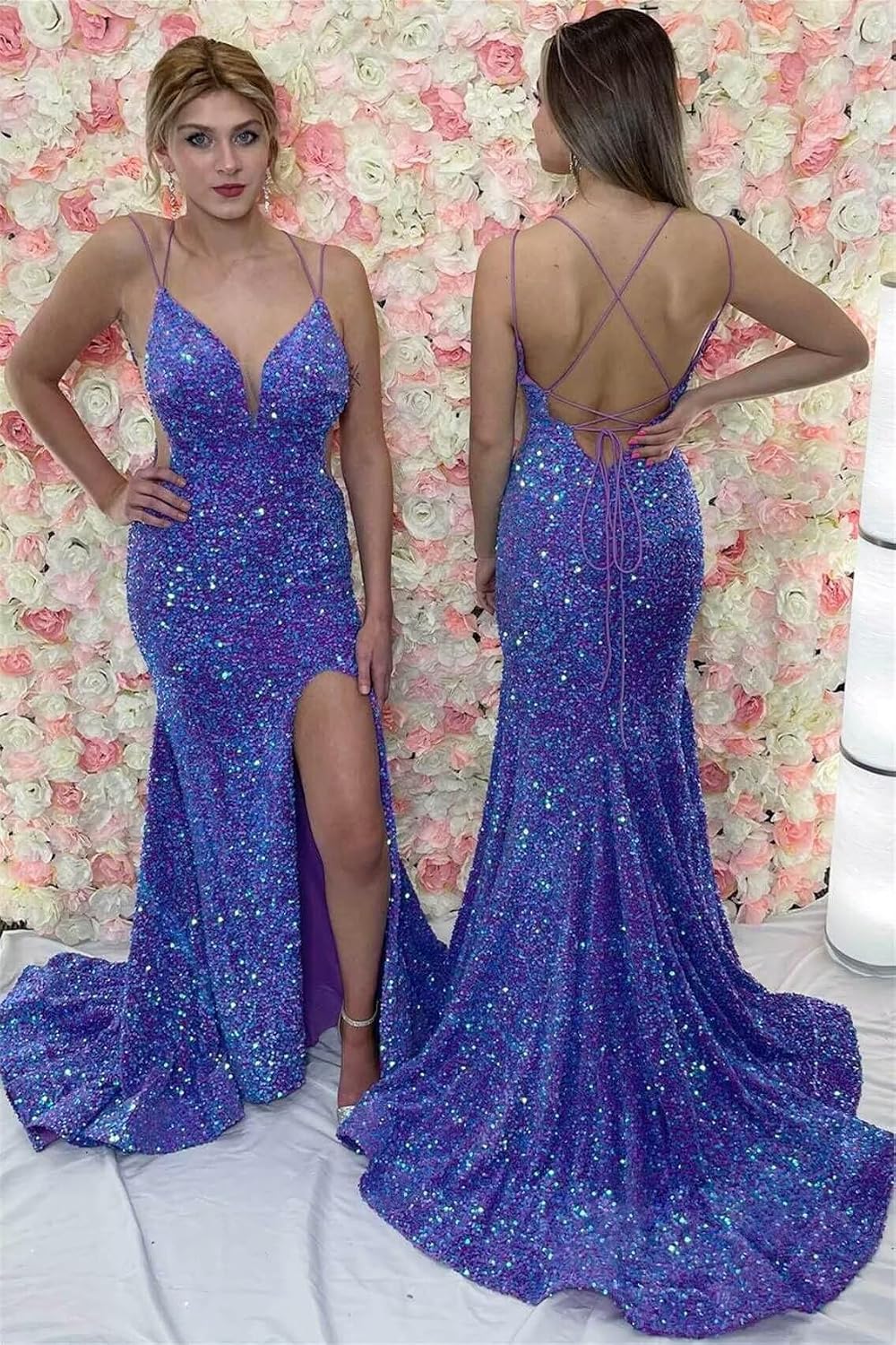 Sparkly Mermaid Sequin Prom Dresses for Women Long Spaghetti Straps V-Neck Formal Evening Party Gowns with Slit