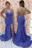 Sparkly Mermaid Sequin Prom Dresses for Women Long Spaghetti Straps V-Neck Formal Evening Party Gowns with Slit