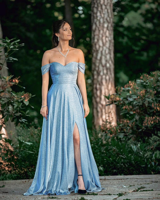 Women's Glittery Prom Dresses Long Ball Gown Off Shoulder High Slit Formal Evening Gowns with Pockets