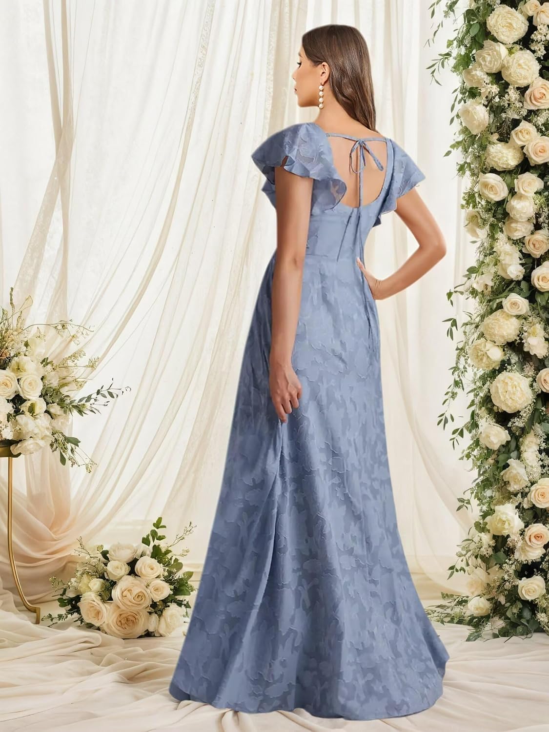 Floral Bridesmaid Dresses for Women Long A-Line Square Neck Lace Formal Evening Gown with Sleeves Slit