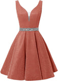 Satin Glitter Homecoming Dresses for Teens Short Prom Dress V-Neck Beaded Evening Formal Cocktail Party Gowns