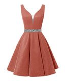 Satin Glitter Homecoming Dresses for Teens Short Prom Dress V-Neck Beaded Evening Formal Cocktail Party Gowns
