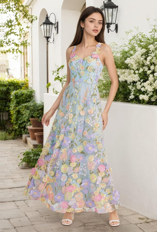 Flower Appliques Prom Dresses for Women Long A-Line Tulle Party Dress 3D Floral Embroidery Evening Gown