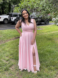 V Neck Chiffon Bridesmaid Dresses for Wedding 2027 Long Pleated Sleeveless Formal Prom Evening Gowns with Slit